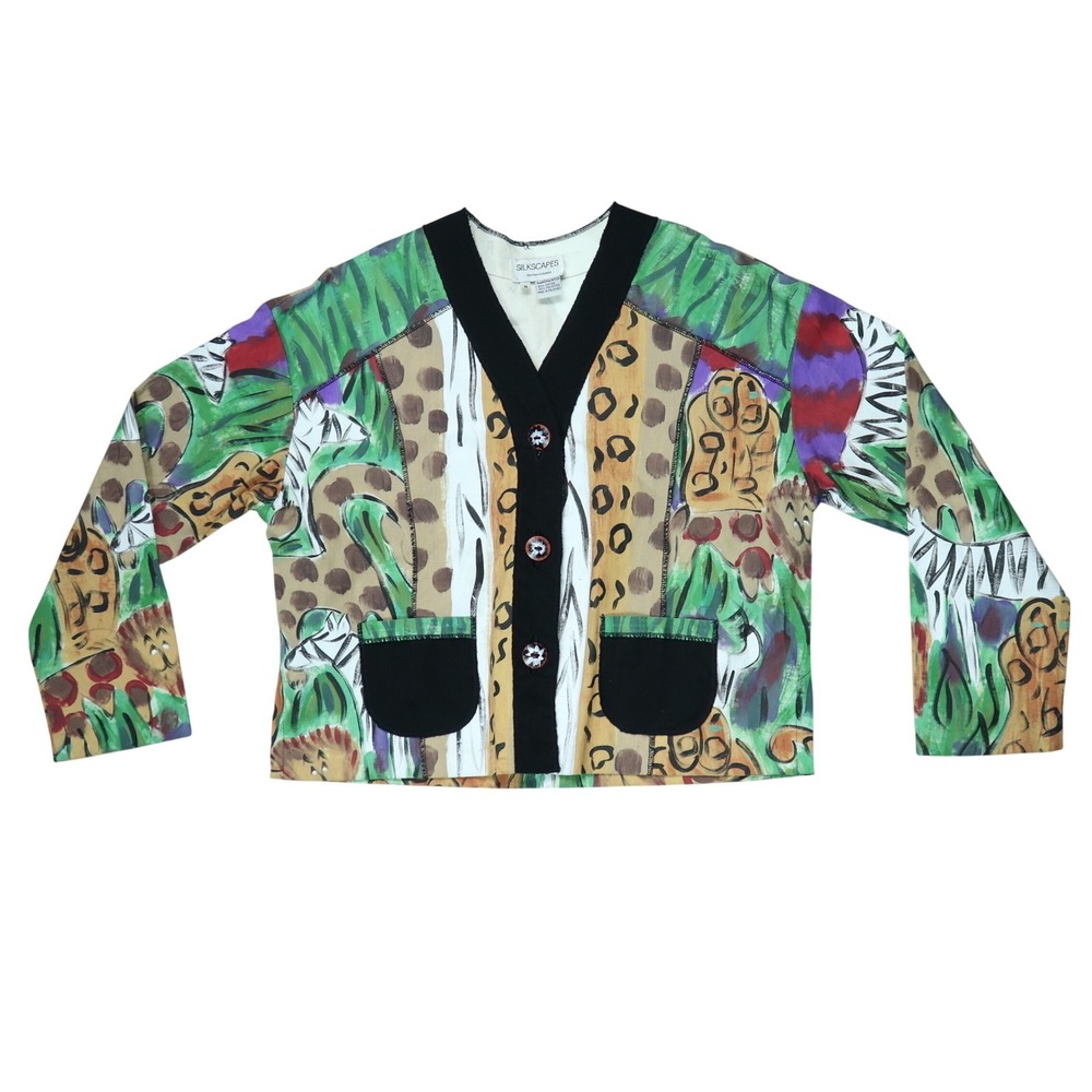 Vintage Silkscapes Handpainted Jungle Safari Animal Art to Wear Jacket Sz Small